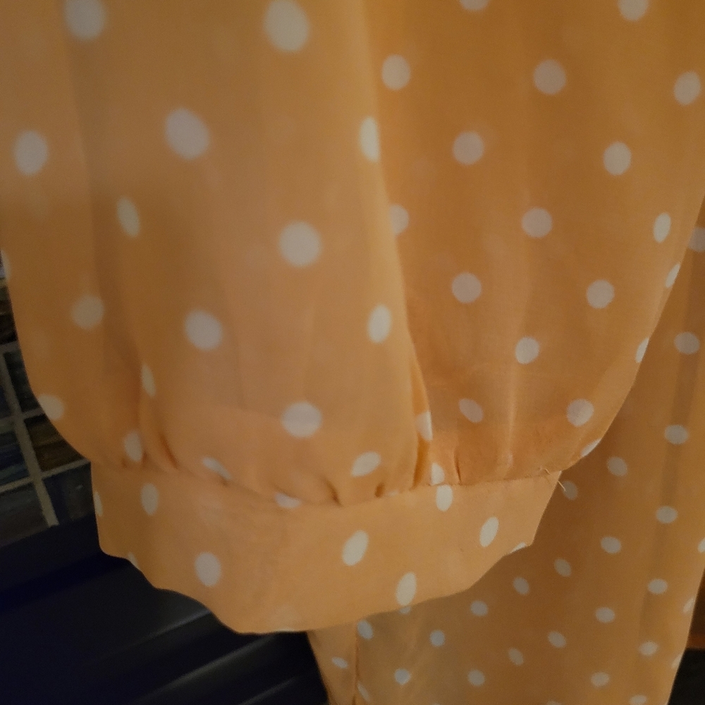 Sheer peach chiffon blouse with white polka-dots. Pearl and gold buttons. Size L - Picture 10 of 12